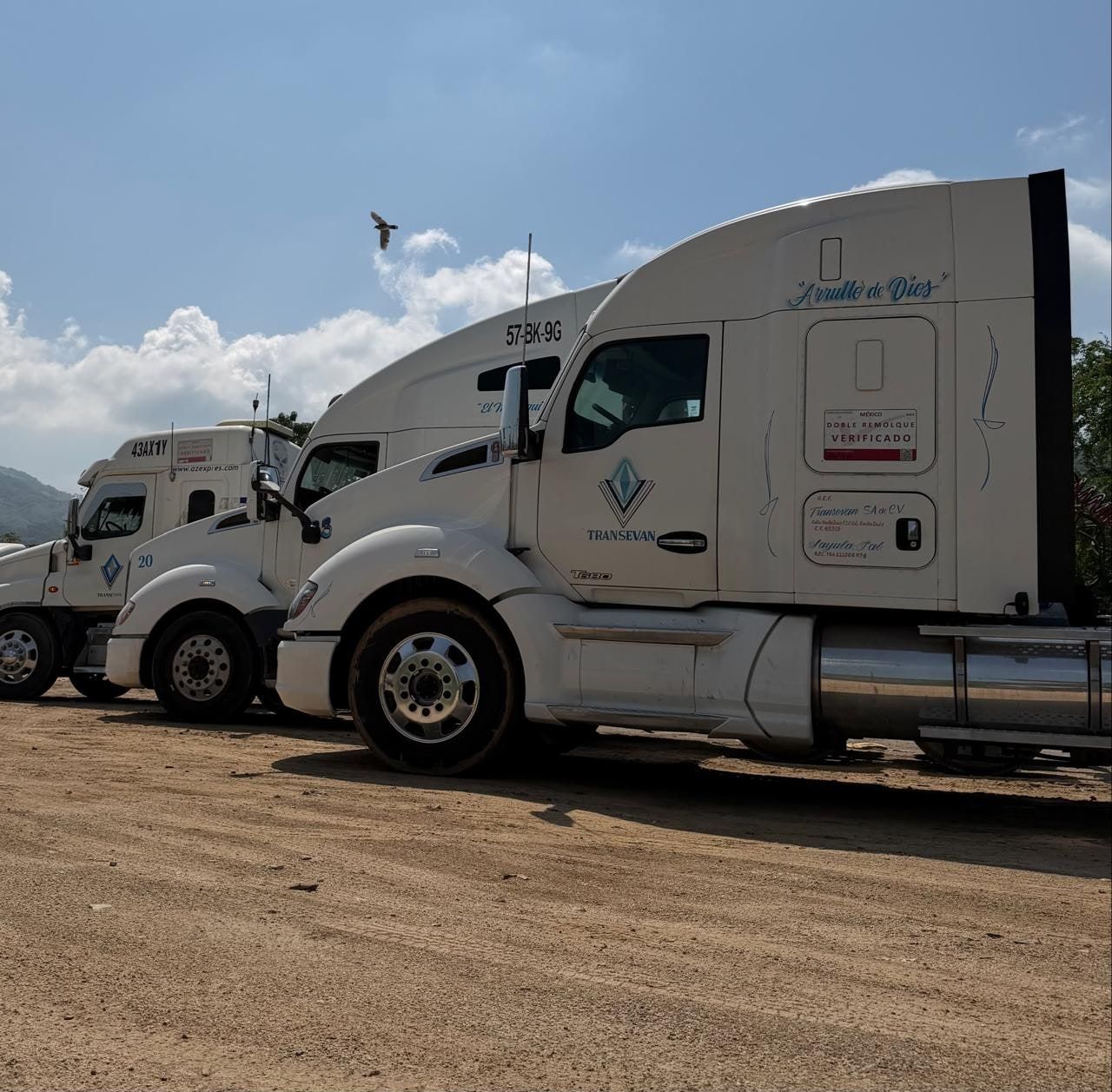 Tractocamiones blancos de TRANSEVAN formados en el patio, con un Kenworth T680 al frente